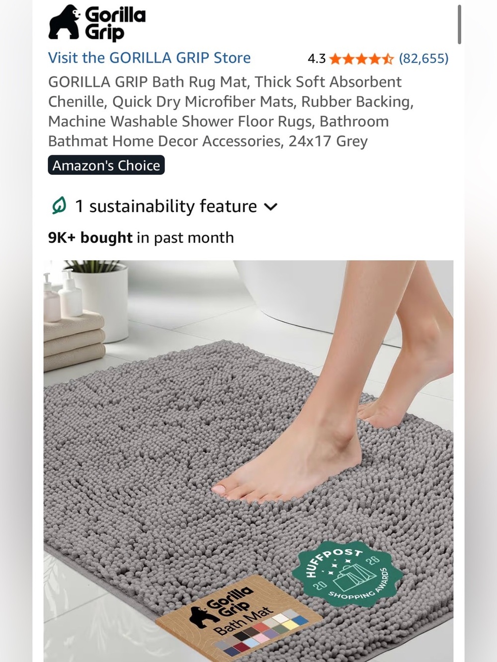 NEW Gorilla Grip Gray Chenille Quick Dry Microfiber Bath Mat
